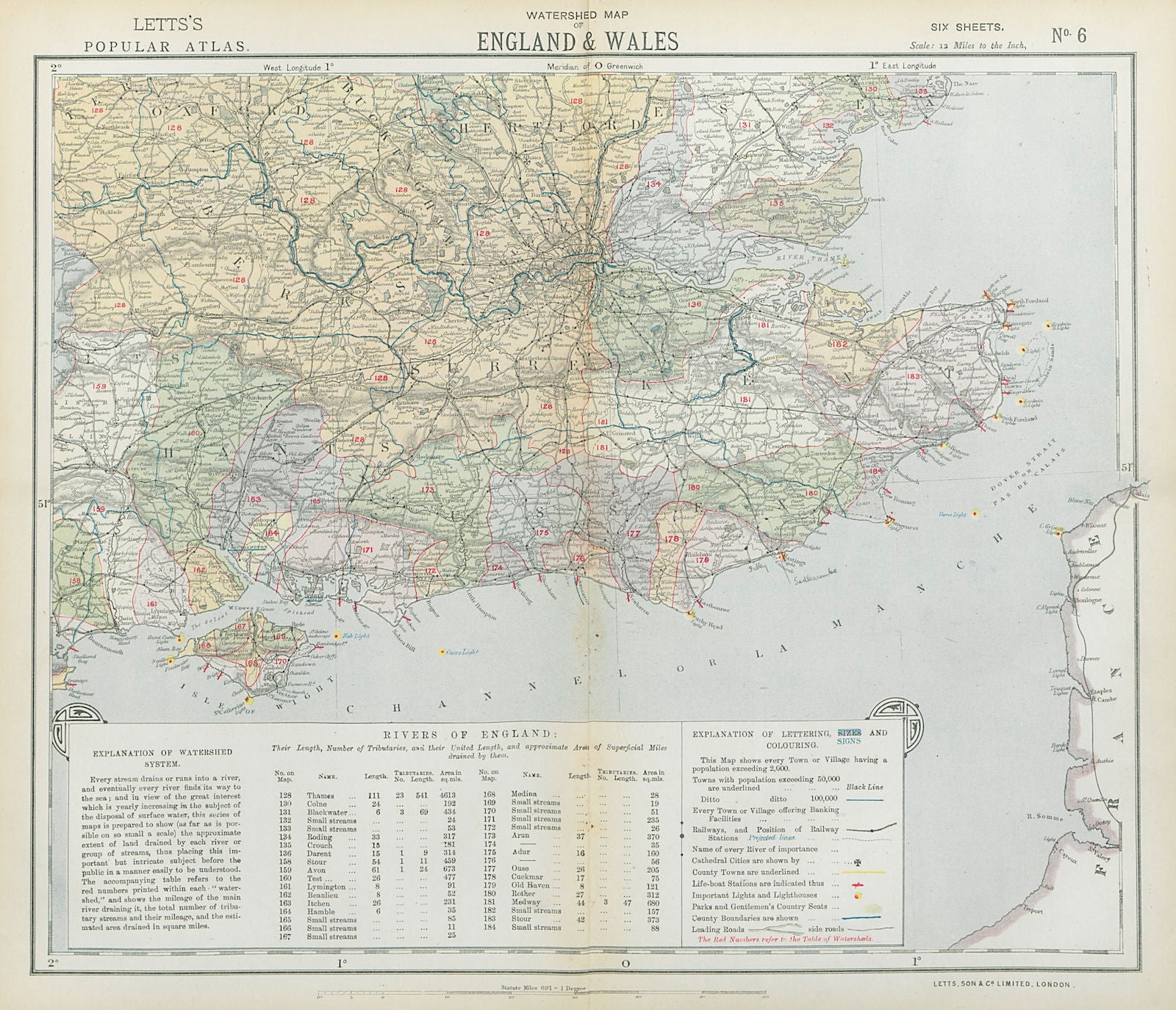SE ENGLAND WATERSHEDS Lighthouses Lifeboat stations. Thames. LETTS 1883 map